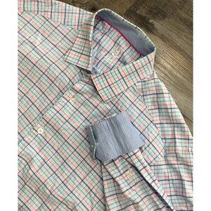 Bugatchi Uomo Mens 16.5 Blue Pink Long Sleeve Button Down Shirt Turn Cuffs
